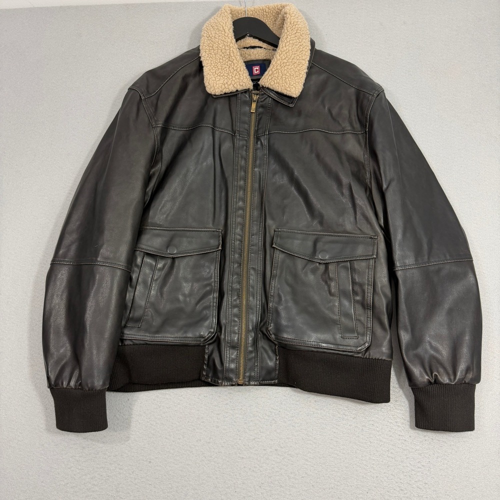 Chaps Faux Leather Jacket Men Large Brown Bomber Faux Shearling Collar Full Zip